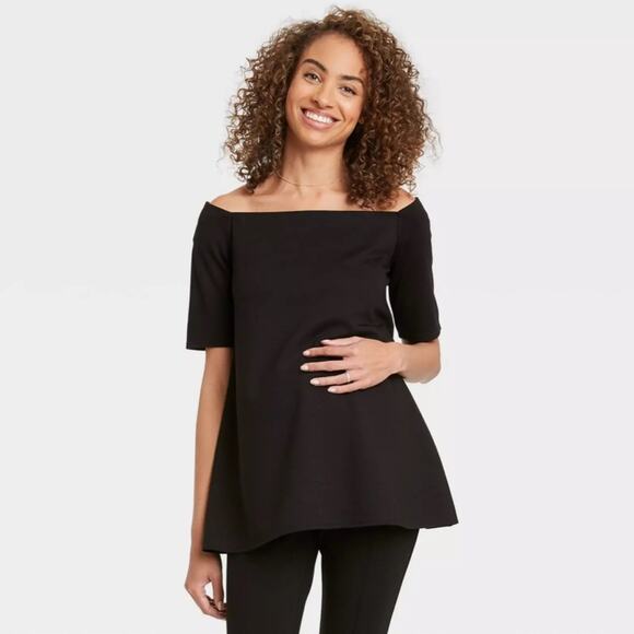 Hatch Tops - The Nines by HATCHT Maternity Short Sleeve Off the Shoulder Ponte Top Black XL